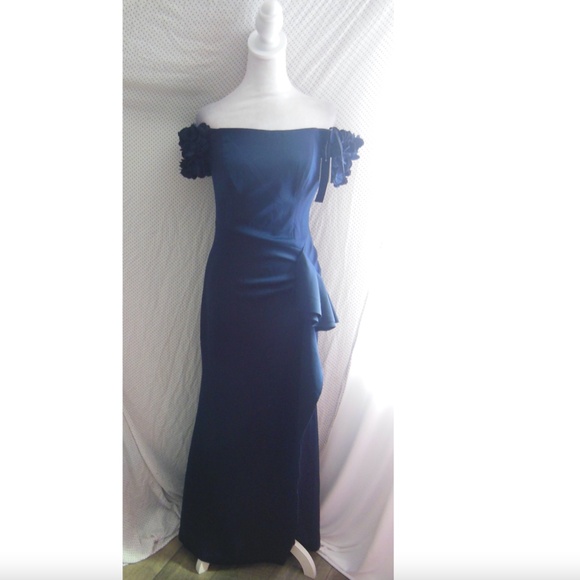 NEW XSCAPE Navy ROSETTE Floral SLEEVE Off The Shoulder RUCHED Scuba Crepe GOWN 6 - Picture 11 of 16